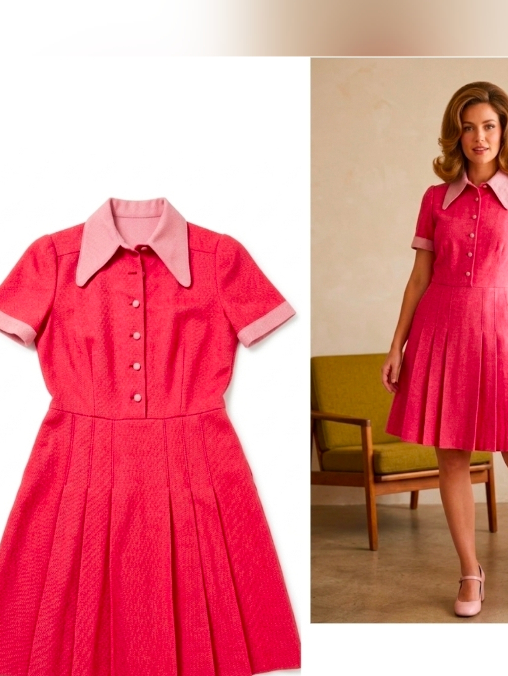 VTG 70s Handmade Pink Dagger Collar Pleated Mini Dress​Authentic 1970sVintage XS